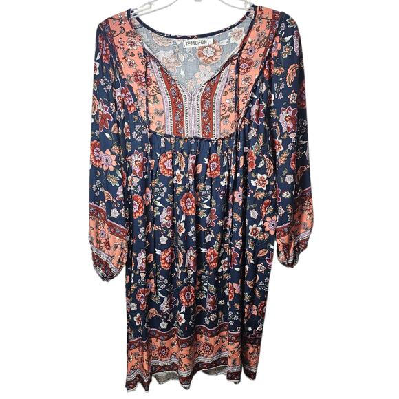 Temofon Summer Floral 3/4 Sleeve V-Neck Flowy Loose Casual Beach Boho Dress L - Picture 1 of 8